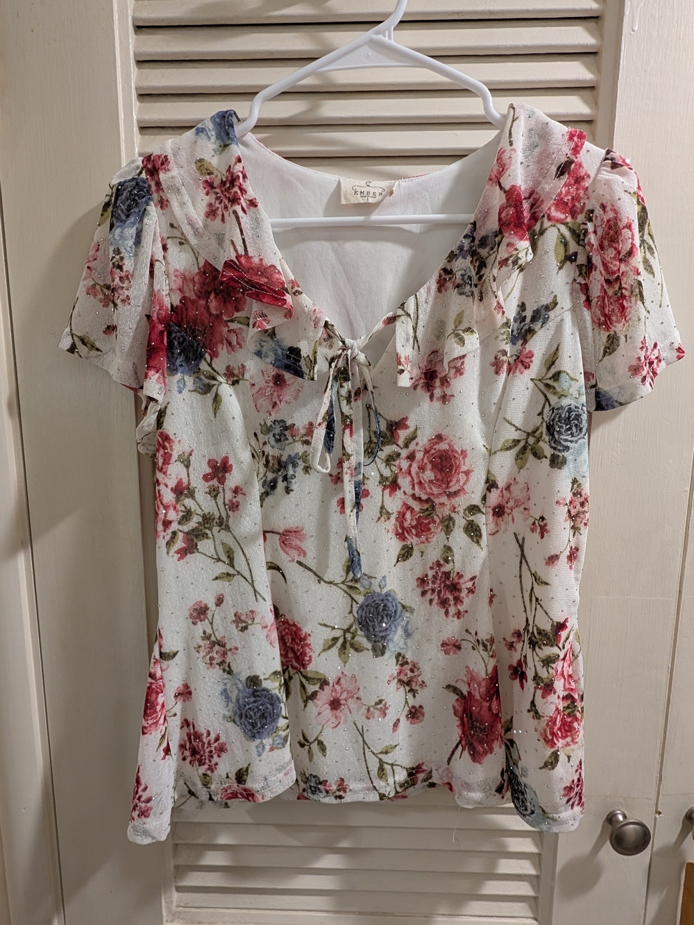 Floral Tie-Front Ruffle Sleeve Top - White with Pink & Blue Flowers